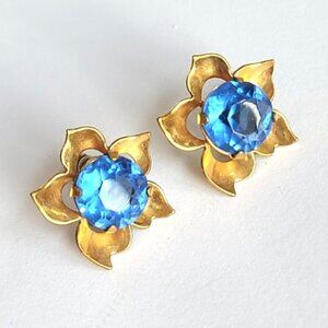 Vintage Gold Filled Sterling Silver Blue Crystal Flower Screw Back Stud Earrings
